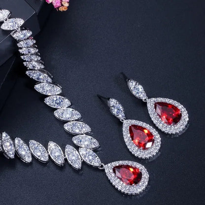 Gloriya Gorgeous Platinum Plated Party Jewelry Paved Indian Red Cubic Zirconia Crystal Big Tear Drop Necklace Earrings Set for Female Evening