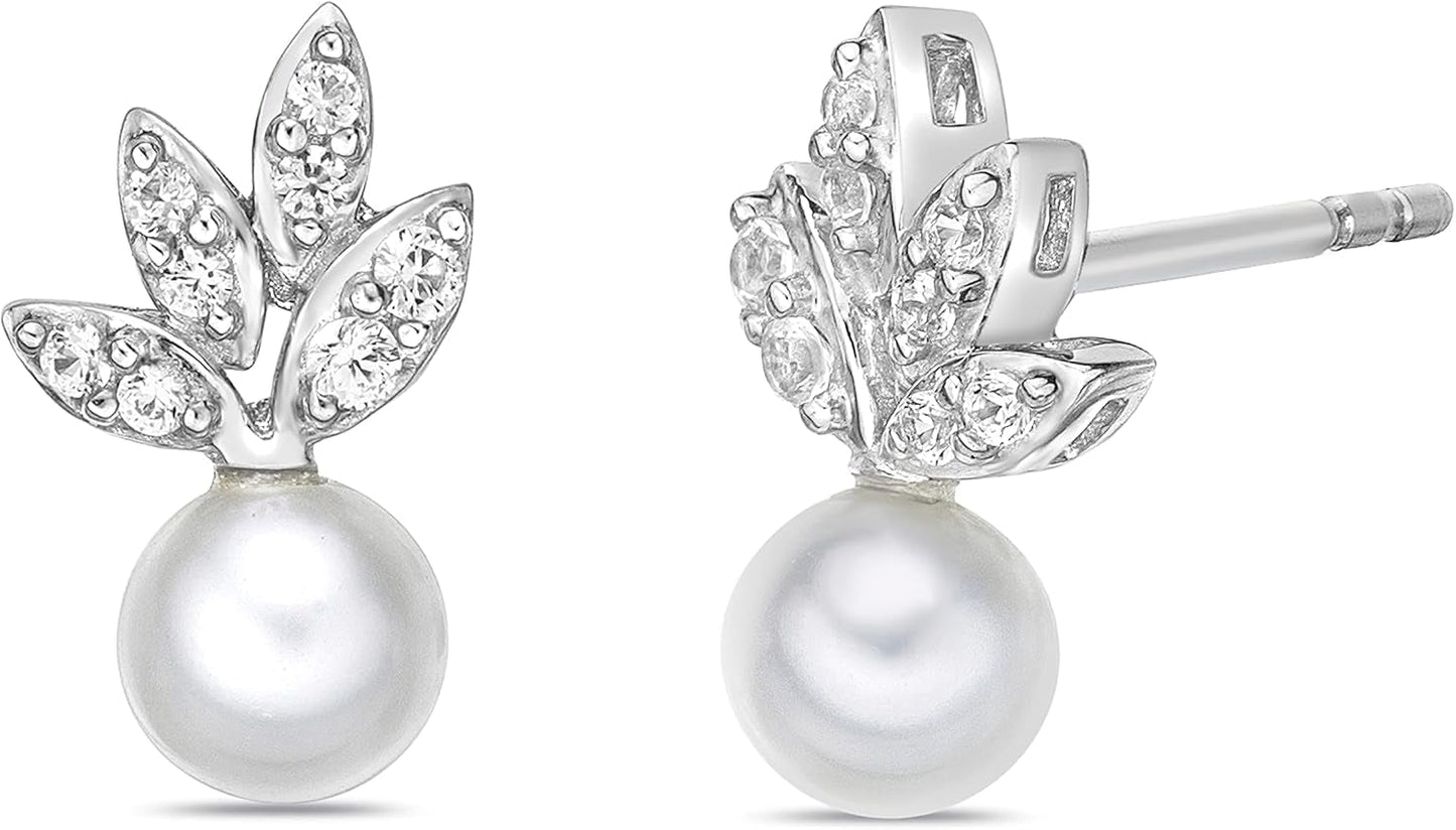.925 Sterling Silver, 5.5Mm White Freshwater Cultured Button Pearl & Lab Grown White Sapphire Fruit Drop Studs Leafy Pushback Stud Earrings