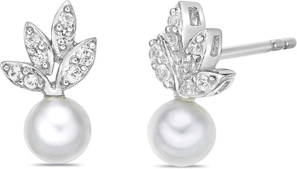 .925 Sterling Silver, 5.5Mm White Freshwater Cultured Button Pearl & Lab Grown White Sapphire Fruit Drop Studs Leafy Pushback Stud Earrings