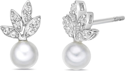 .925 Sterling Silver, 5.5Mm White Freshwater Cultured Button Pearl & Lab Grown White Sapphire Fruit Drop Studs Leafy Pushback Stud Earrings