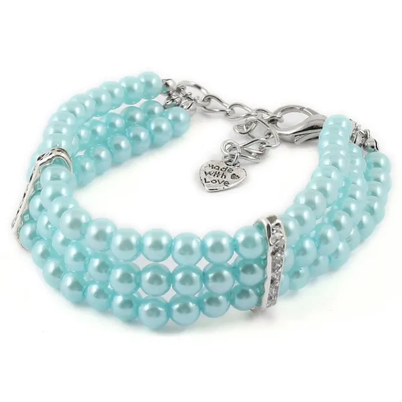 Three Rows Pearl Linked Beads Pet Dog Heart Pendant Puppy Collar Necklace S/M/L Size