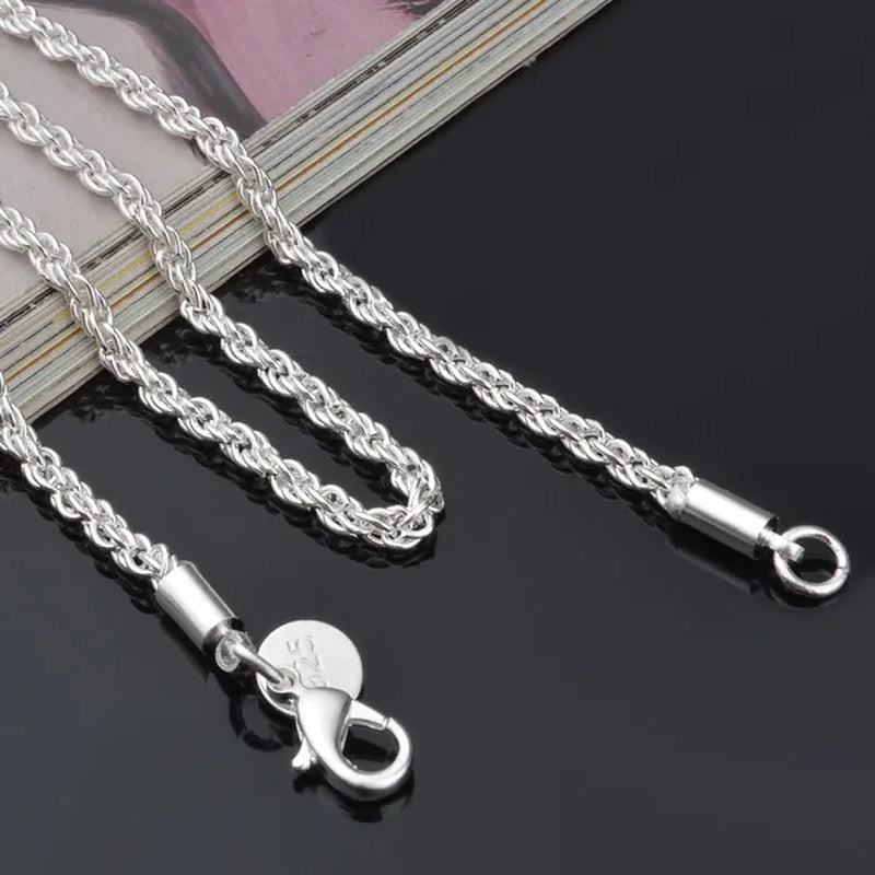 100% Genuine 925 Sterling Silver Rope Twist Necklace For Women and Men,Width 3mm Length:16.18.20.22.24,26,28,30inch, Retail Price:$299