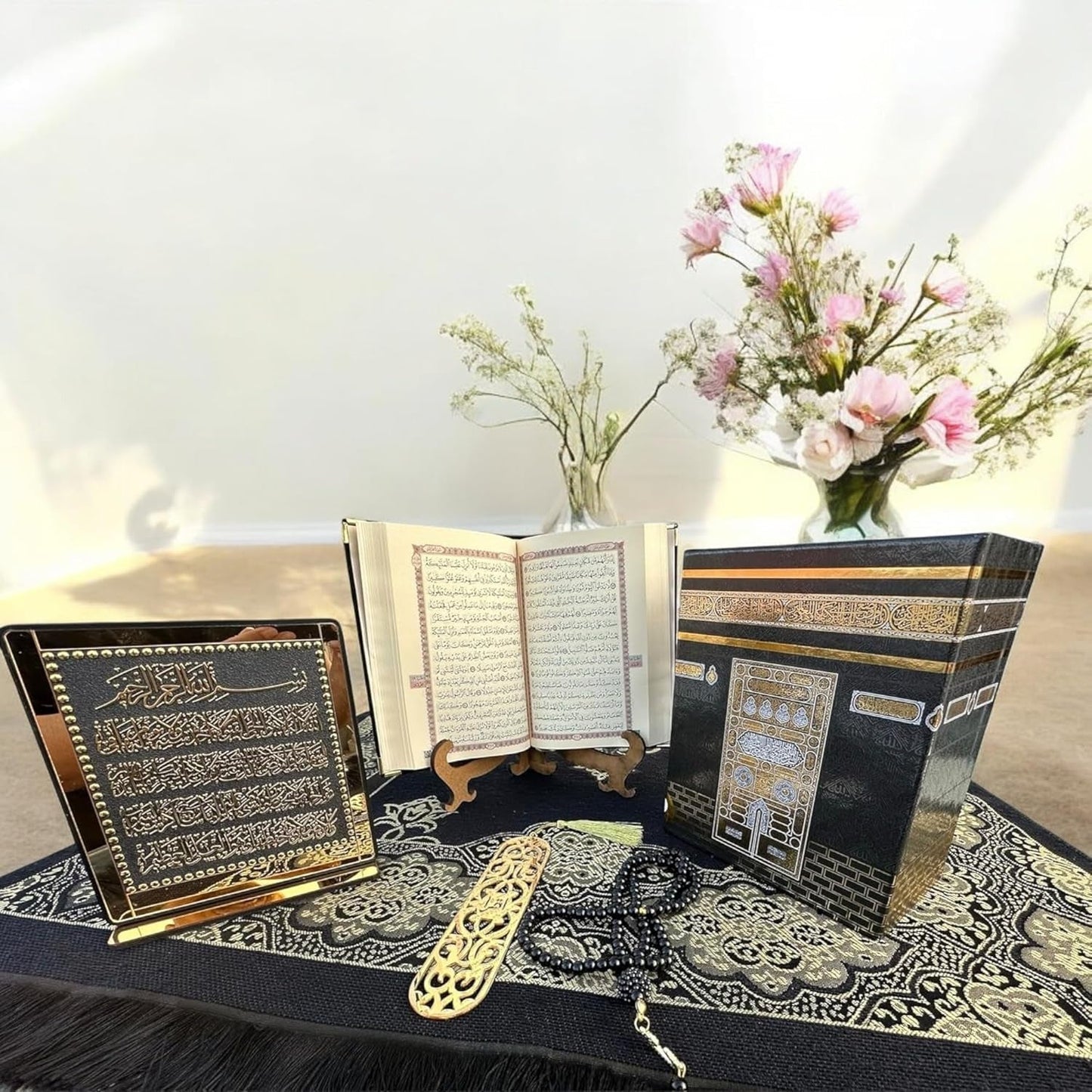 Muslim Prayer Rug, Islamic Gift Set, Velvet Full Arabic Quran, Elegant Kaaba Design Box, Ayat El Kursi Table Top, Prayer Beads, Bookmark, Janamaz, Salah Mat (KAABA) - WORLD TIME VISITS