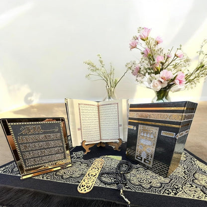Muslim Prayer Rug, Islamic Gift Set, Velvet Full Arabic Quran, Elegant Kaaba Design Box, Ayat El Kursi Table Top, Prayer Beads, Bookmark, Janamaz, Salah Mat (KAABA) - WORLD TIME VISITS