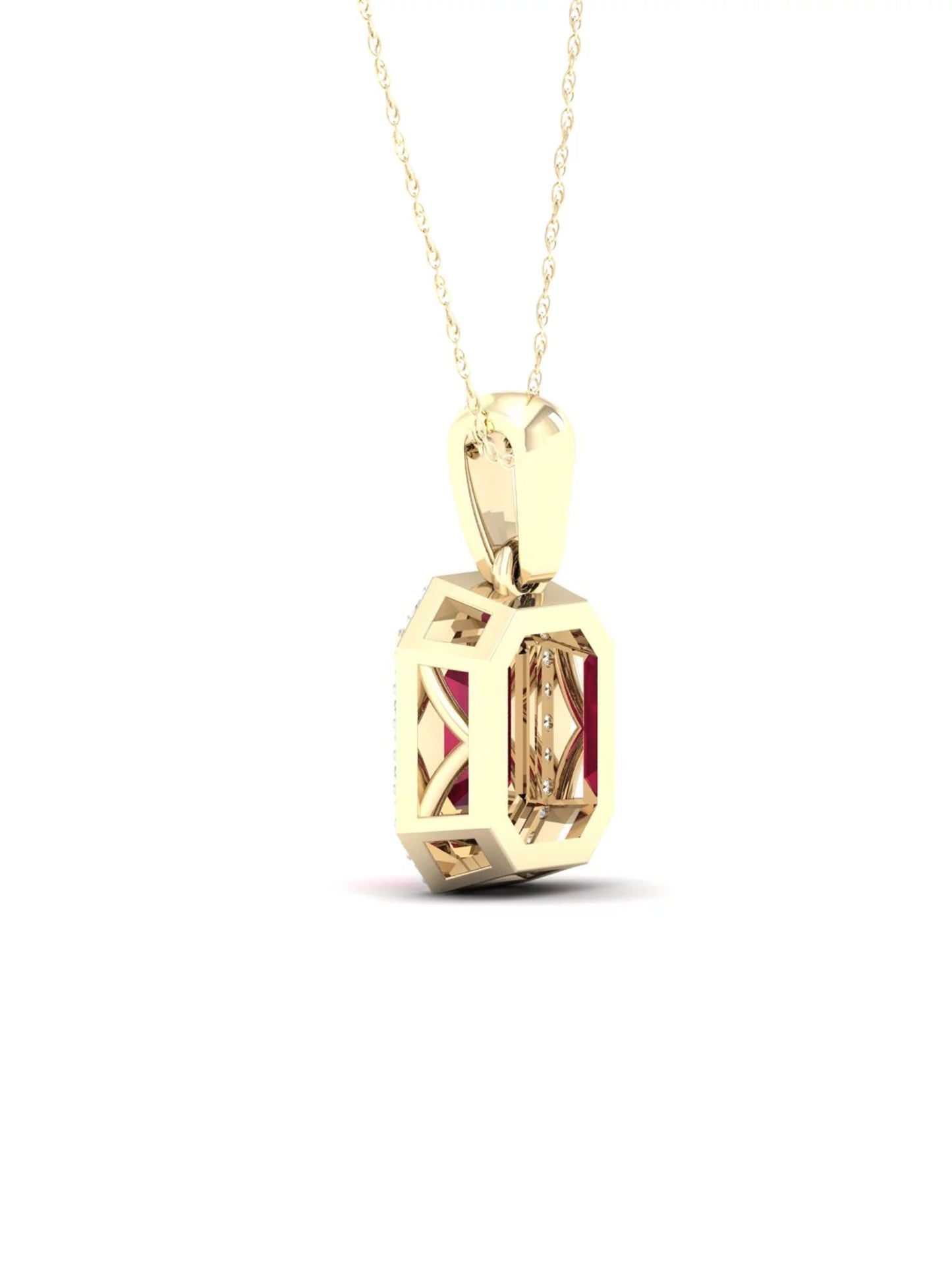 Gemstone 10K Yellow Gold Emerald Cut Ruby 1/10 CT TW Diamond Halo Necklace