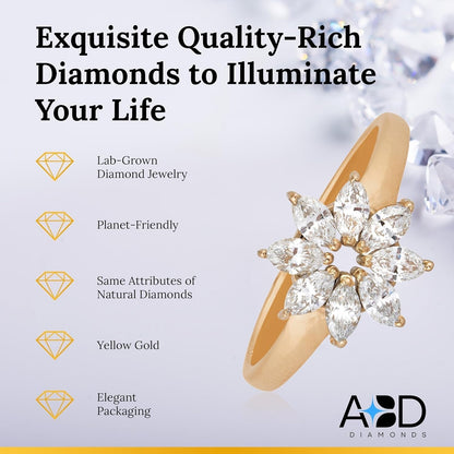 10KT Yellow Gold Marquise Flower Lab-Grown Diamond Ring for Women, Fine Diamond Jewelry, Engagement, Gifts for Her, D,E Color, VS Clarity, 0.6 Carats