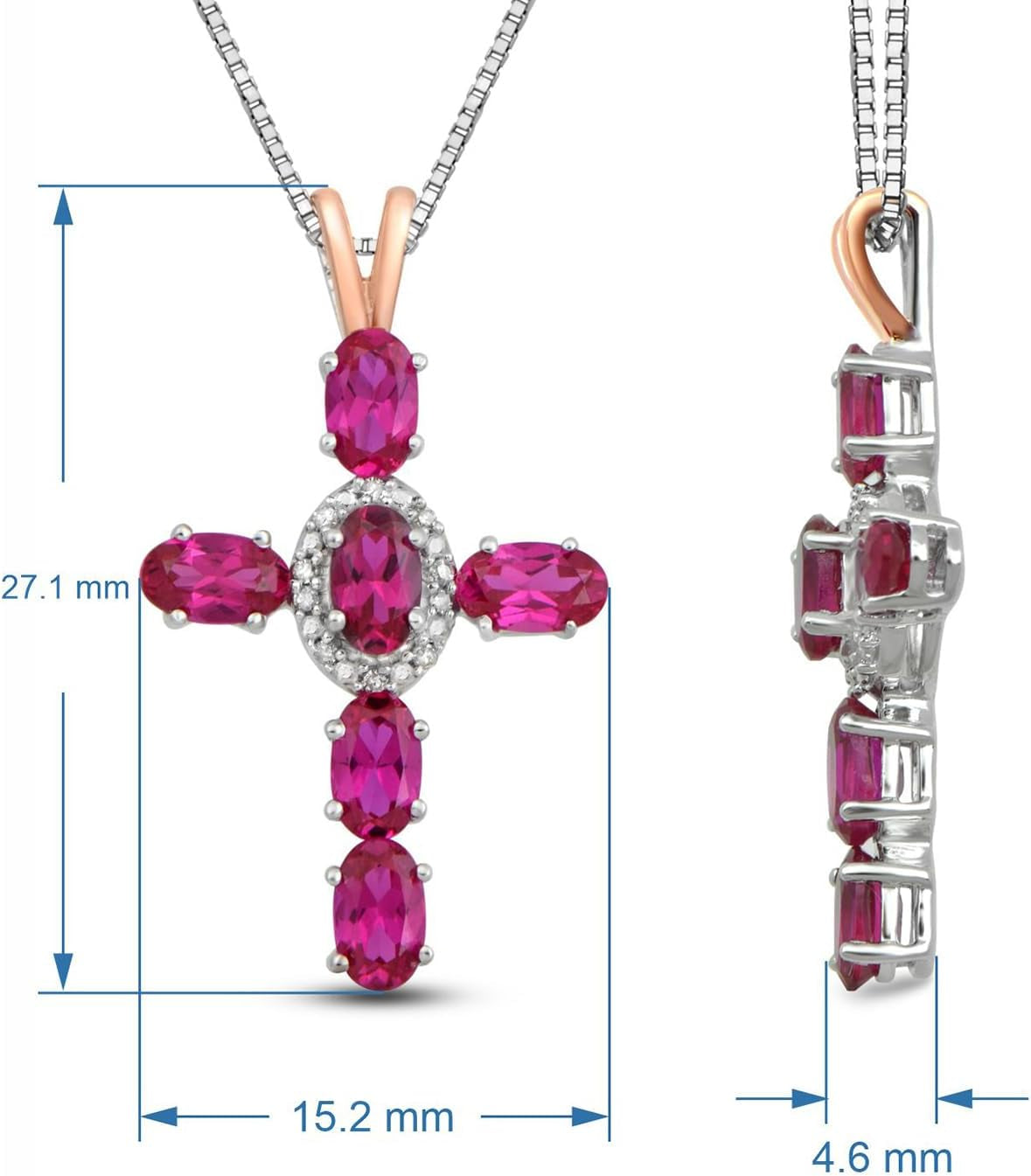 Rose Gold over Sterling Silver 5X3 MM Oval Cut Created Ruby and Natural White round Diamond Accent Cross Pendant Necklace, 18" Box Chain - WORLD TIME VISITS