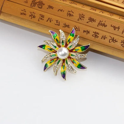 Korean Diamond Enamel Sun Flower Brooch for Woman Scarves Buckle Brooches Party