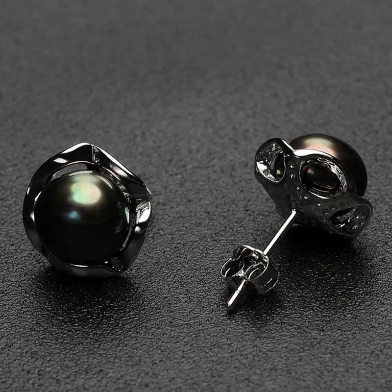 Real 925 Sterling Silver Black Freshwater Pearl Stud Earring Fashion Jewelry Women Gifts FEIGE