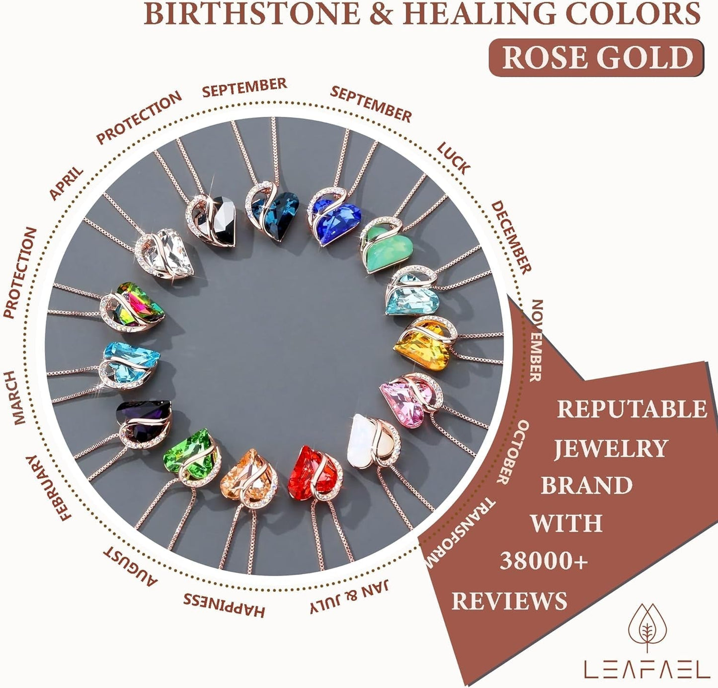 Rose Gold Plated Necklace for Women: Heart Shaped Birthstone/Healing Crystals Center, Dazzling Cubic Zirconia, Hypoallergenic Chain (18"+2"), Timeless Jewelry Gifts for Anniversaries and Birthdays