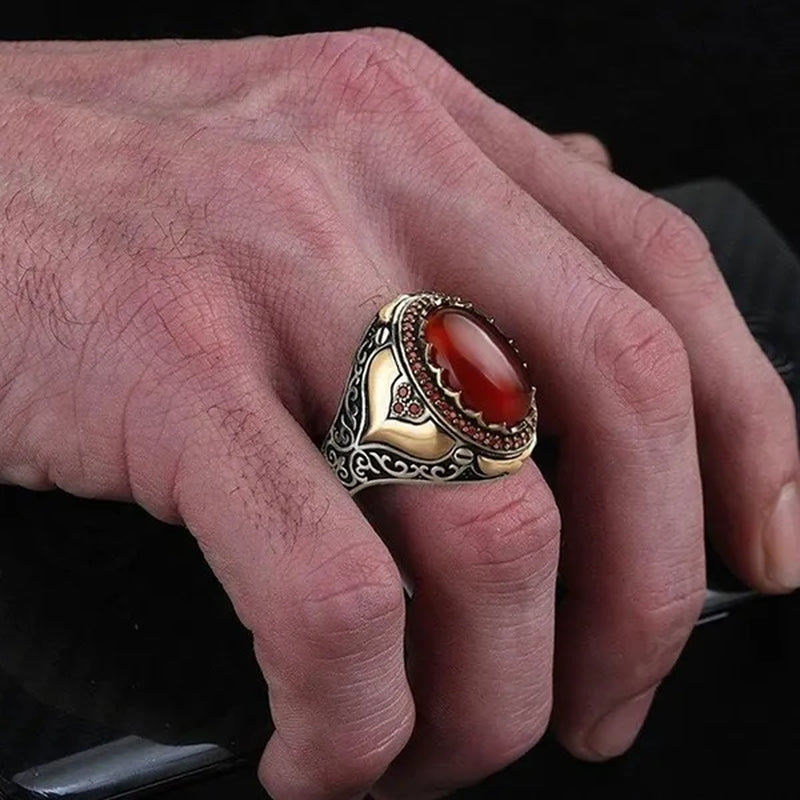 New Retro Two Tone 925 Silver Carved Ruby Inlaid Ring Big Gem Luxury Mens Party Charm Jewelry High Quality Gift