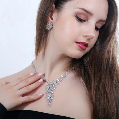 Gloriya Dazzling AAA CZ Bridal Jewelry Set for Classy Bride White Gold Plated Engagement Party Big Leaf Drop Dangle Necklace Earrings Bracelet