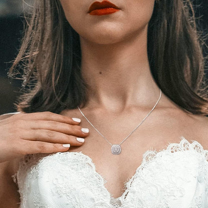 1/2 Carat Necklaces for Women, 925 Sterling Silver Necklace Round-Cut Natural Diamond Cushion Halo Pendant, Friendship Jewelry for Girls, Gifts for Women