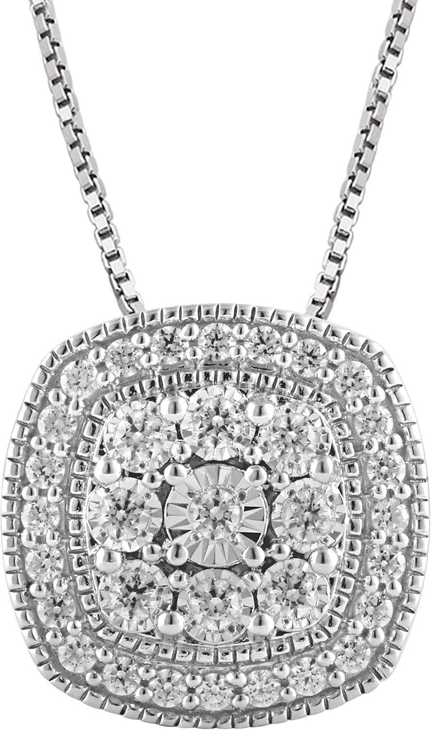 1/2 Carat Necklaces for Women, 925 Sterling Silver Necklace Round-Cut Natural Diamond Cushion Halo Pendant, Friendship Jewelry for Girls, Gifts for Women