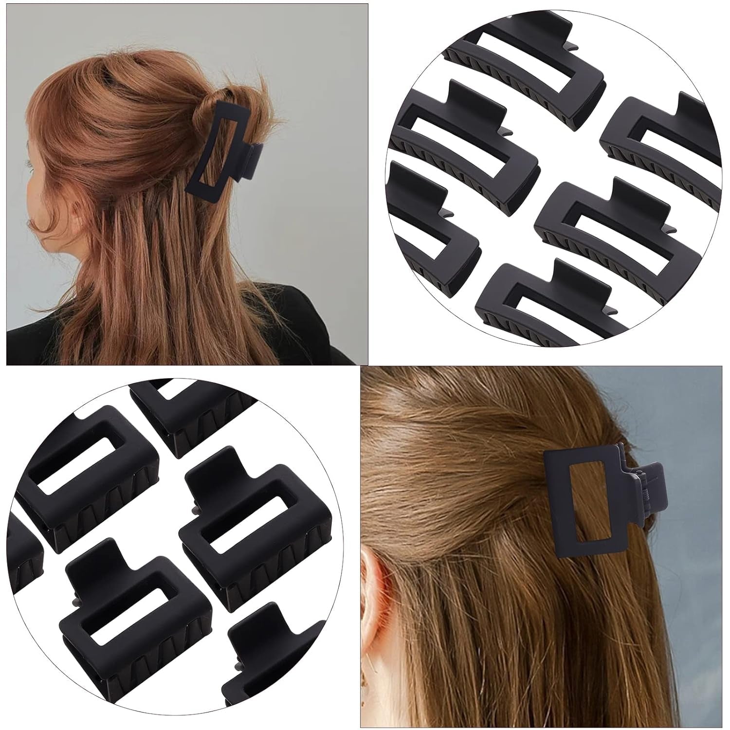 12 Pack Black Square Claw Clips, Big and Small Neutral Rectangle Hair Claw Clips, Non - Slip Matte Large Hair Clips for Women,Strong Hold Jaw Clip for Thick Thin Hair - WORLD TIME VISITS