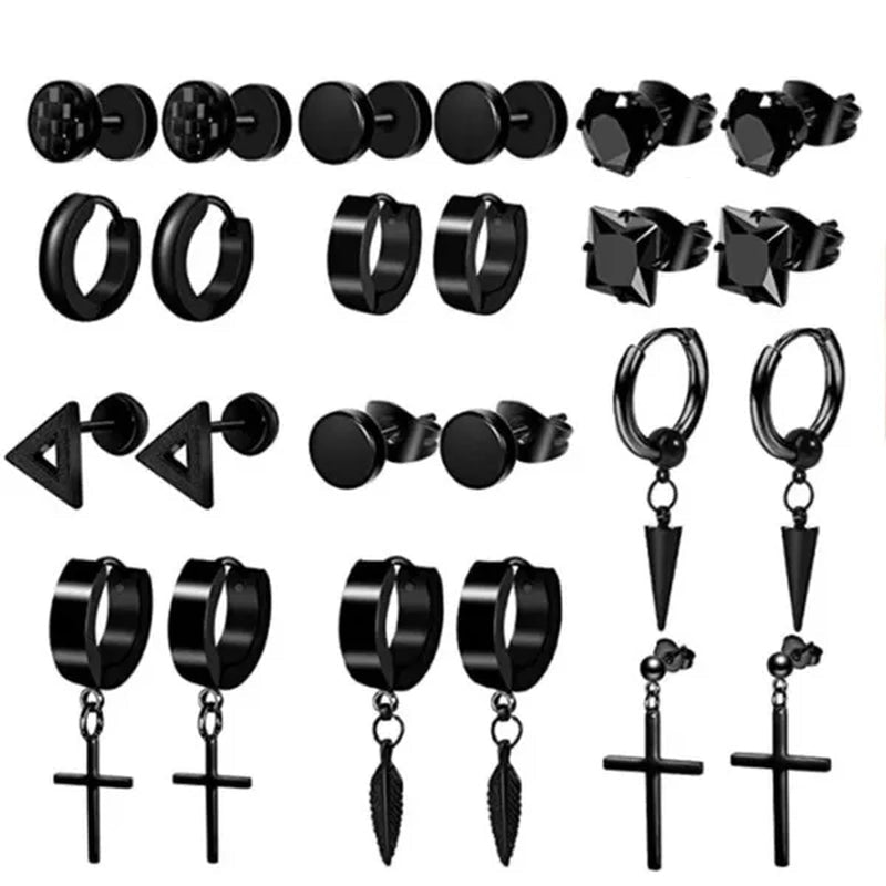 12 Pairs Set Stainless Steel Cross Stud Hoop Earrings Black Piercing Jewelry Men - WORLD TIME VISITS