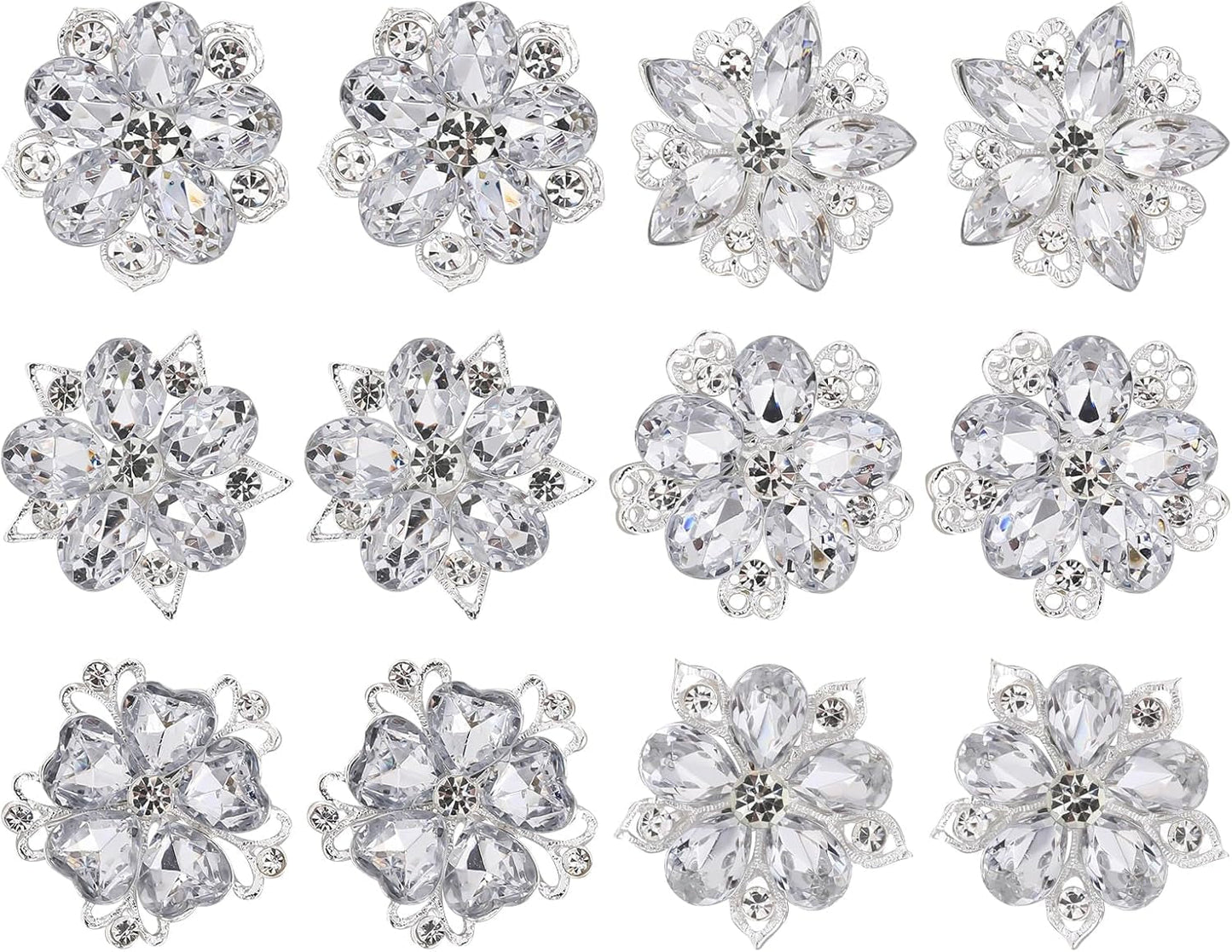 12 Pcs Rhinestone Brooch, Silver Brooch Pins, Assorted Crystal Brooch Pin Small Flower Brooches Pins Decorative Brooch Pins for Crafts Flower Lapel Badge Pins for Women DIY Bridal Wedding Bouquet Kit - WORLD TIME VISITS