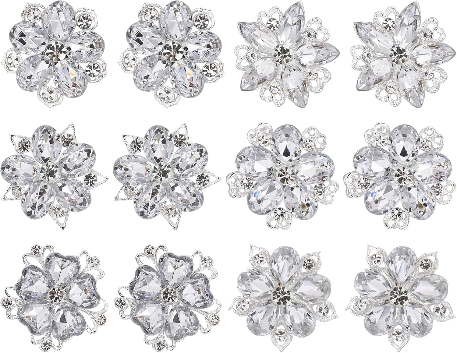 12 Pcs Rhinestone Brooch, Silver Brooch Pins, Assorted Crystal Brooch Pin Small Flower Brooches Pins Decorative Brooch Pins for Crafts Flower Lapel Badge Pins for Women DIY Bridal Wedding Bouquet Kit - WORLD TIME VISITS