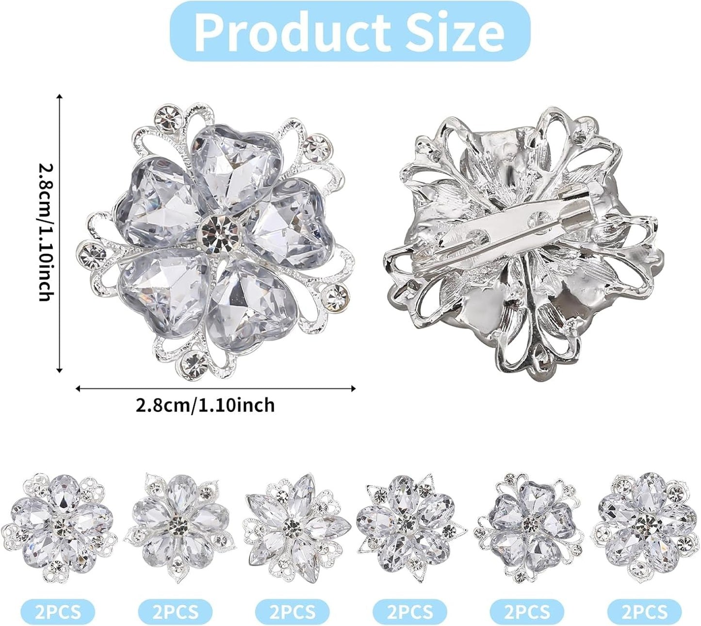 12 Pcs Rhinestone Brooch, Silver Brooch Pins, Assorted Crystal Brooch Pin Small Flower Brooches Pins Decorative Brooch Pins for Crafts Flower Lapel Badge Pins for Women DIY Bridal Wedding Bouquet Kit - WORLD TIME VISITS