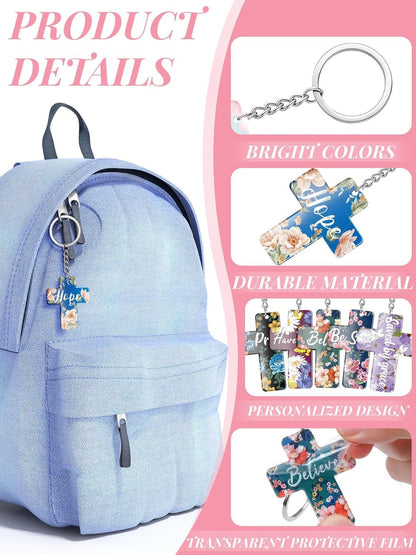 120 Pcs Bible Verse Keychains Christian Key Rings Cross Keychains Inspirational Acrylic Religious Key Rings Floral Bible Verse Jewelry for Women Men