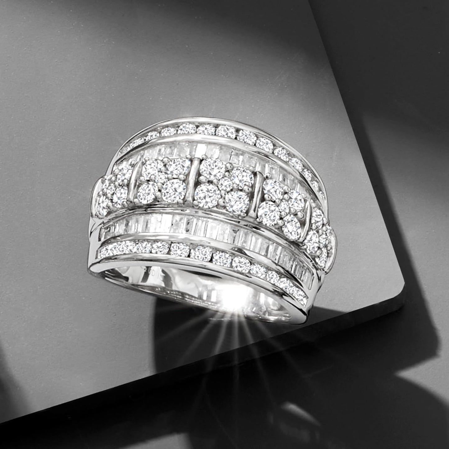 2.00 Ct. T.W. Baguette and round Diamond Multi-Row Ring in Sterling Silver