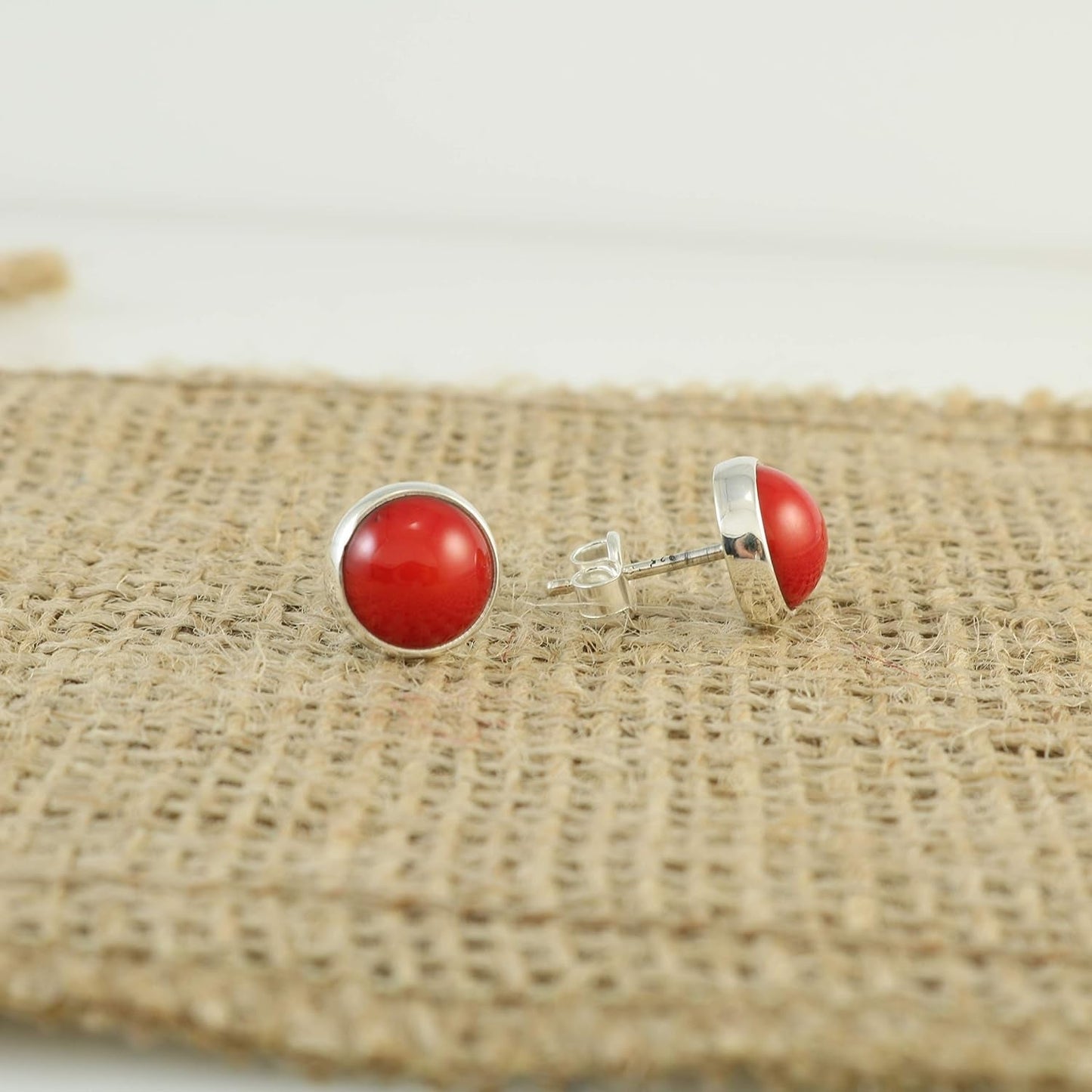Sterling Silver 925 round 9.8Mm Natural Red Coral Tiny Handmade Stud Earrings for Women