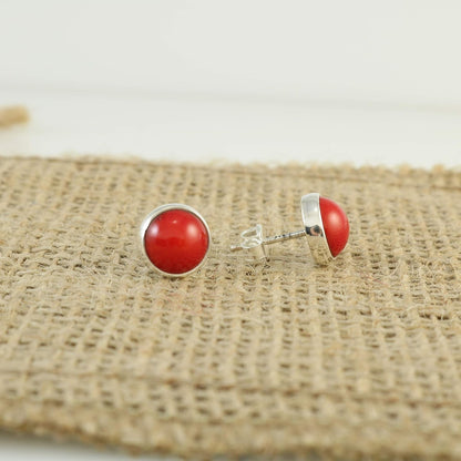 Sterling Silver 925 round 9.8Mm Natural Red Coral Tiny Handmade Stud Earrings for Women
