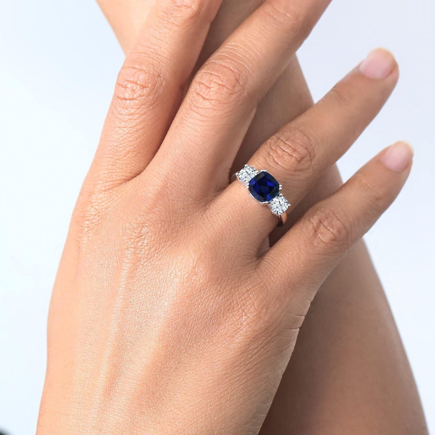 925 Sterling Silver Blue Simulated Sapphire and White Zirconia 3 Stone Engagement Ring for Women (4.00 Cttw, Gemstone September Birthstone, Cushion 8MM, Available in Size 5,6,7,8,9)