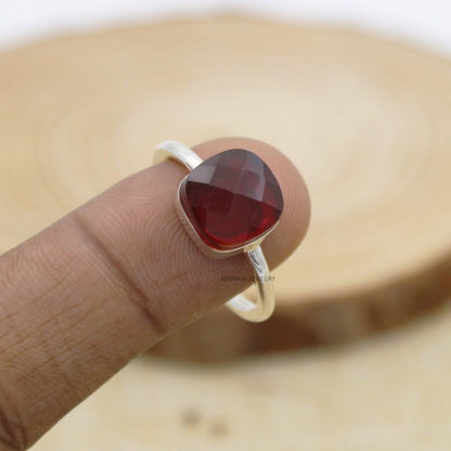 Solid 925 Sterling Silver Ring for Womens Ruby Ring Sterling Silver Wedding Ring July Birthstone Checkerboard Cushion Gemstone Ring