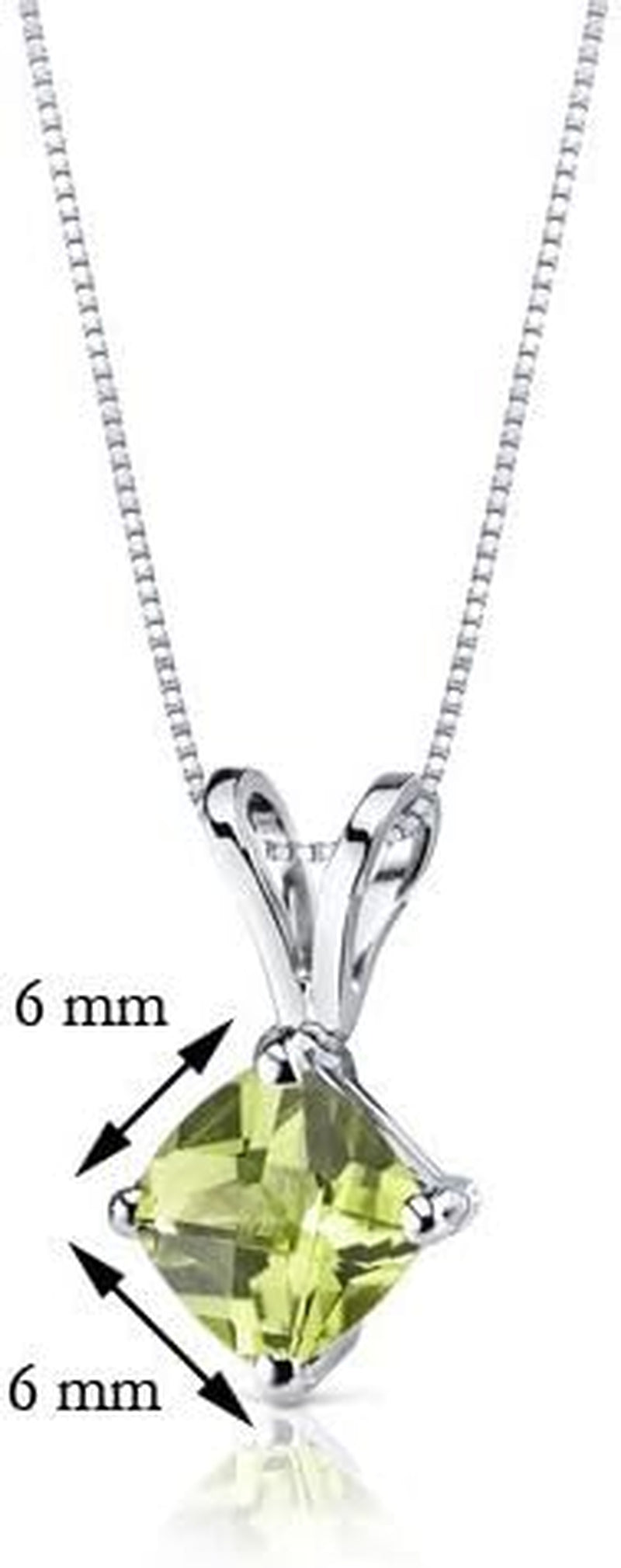 Solid 14K White Gold Peridot Pendant for Women, Genuine Gemstone Birthstone Classic Solitaire, Cushion Cut, 6Mm, 1 Carat Total