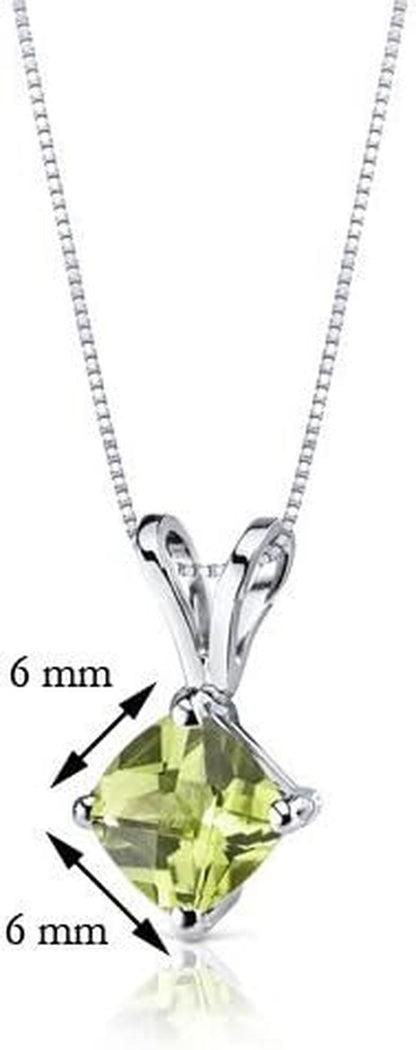 Solid 14K White Gold Peridot Pendant for Women, Genuine Gemstone Birthstone Classic Solitaire, Cushion Cut, 6Mm, 1 Carat Total