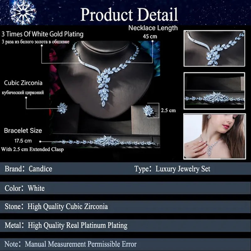 CANDICE Gorgeous Big Long Flower Pendant Necklace Earrings and Bracelet Bridal 3pcs Set Pave Brilliant Marquise Cubic Zirconia Platinum Plated Wedding Party Jewelry for Women