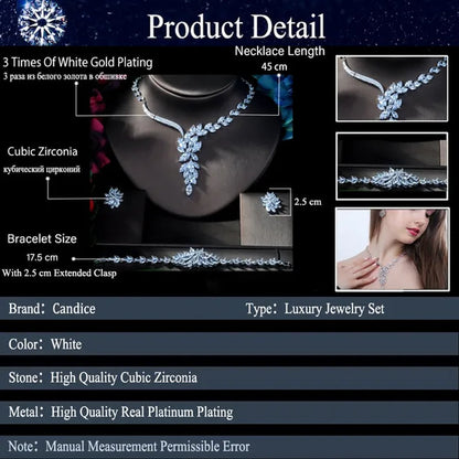 CANDICE Gorgeous Big Long Flower Pendant Necklace Earrings and Bracelet Bridal 3pcs Set Pave Brilliant Marquise Cubic Zirconia Platinum Plated Wedding Party Jewelry for Women