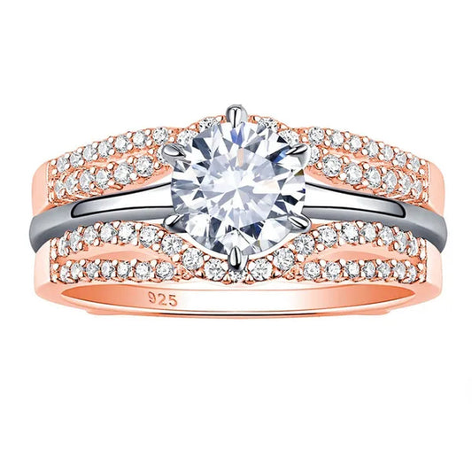 Newshe Two-tone Rose Gold 925 Silver Solitaire Brilliant Round Engagement Rings Set CZ Wedding Band For Women Jewelry Sz 4-13 - WORLD TIME VISITS