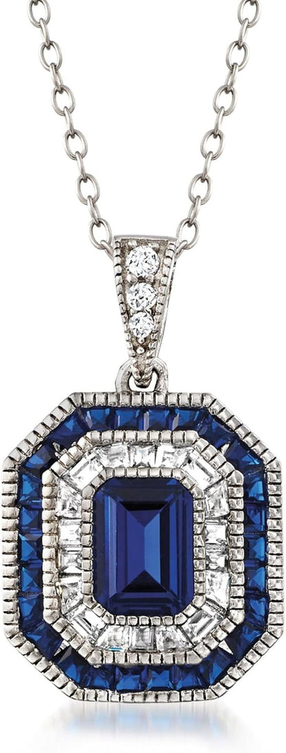 1.25 Carat Simulated Sapphire and .60 Ct. T.W. Lab - Grown Blue Spinel Pendant Necklace with .32 Ct. T.W. Czs in Sterling Silver. 18 Inches - WORLD TIME VISITS