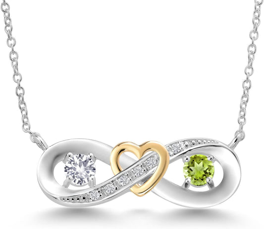 925 Silver and 10K Yellow Gold White Created Sapphire Green Peridot and Lab Grown Diamond Heart Interlocking Infinity Symbol Pendant Necklace for Women (0.61 Cttw, with 18 Inch Chain)
