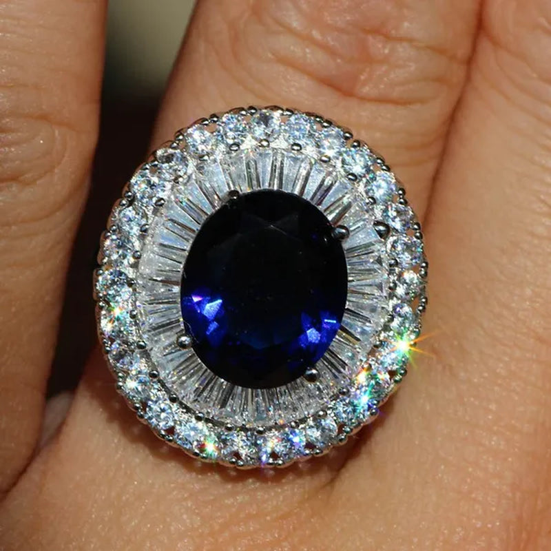 Elegant  Silver Sapphire & White Sapphire Birthstone Gemstones Engagement Wedding Anniversary Ring Size 6 7 8 9 10
