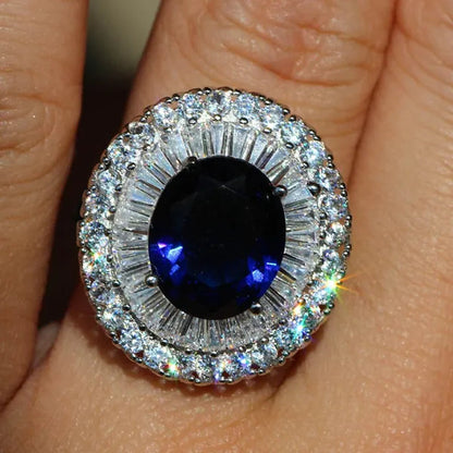 Elegant  Silver Sapphire & White Sapphire Birthstone Gemstones Engagement Wedding Anniversary Ring Size 6 7 8 9 10