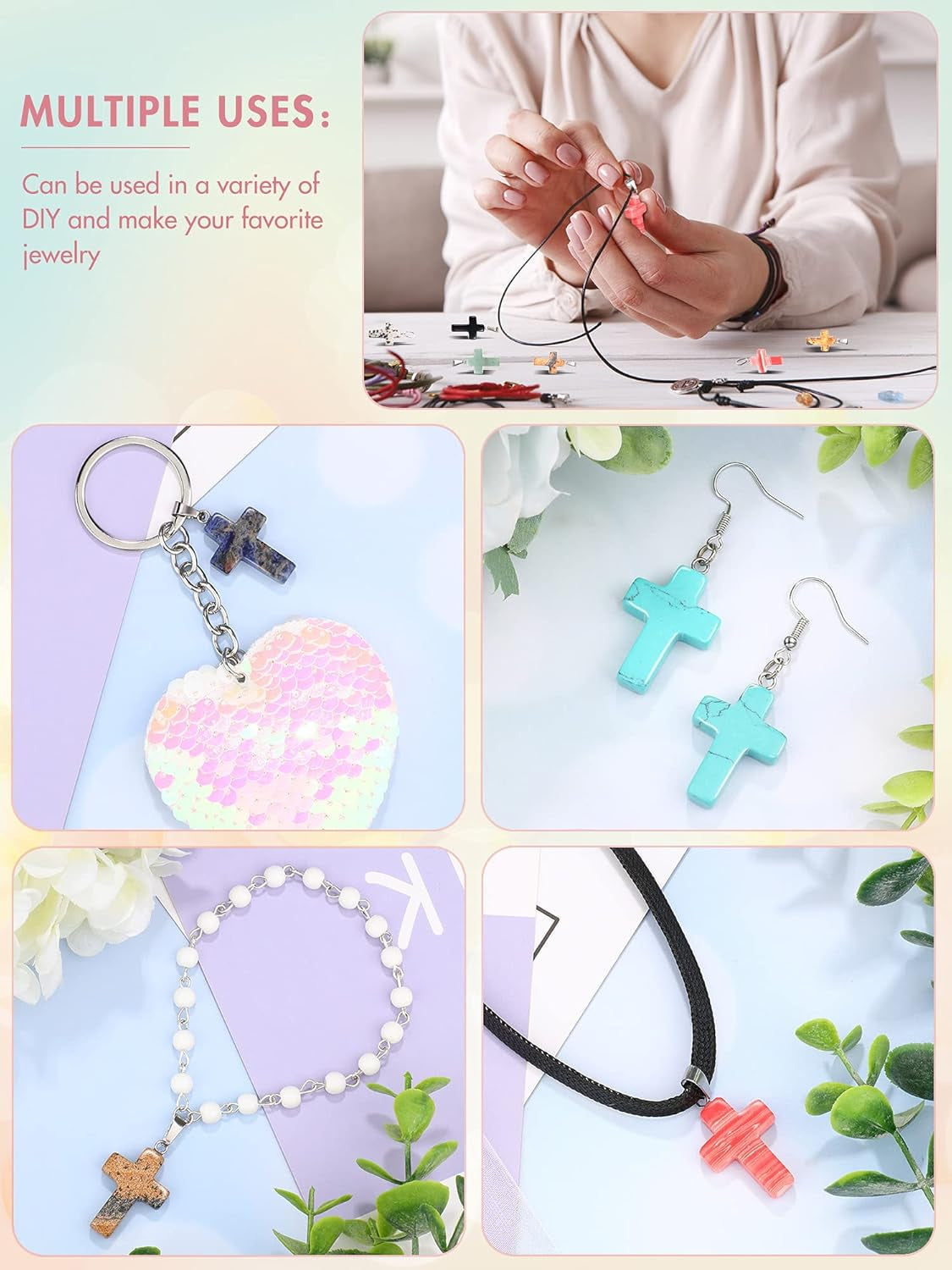 Stone Cross Gemstone Pendant Charms Cross Quartz Crystal Charms for Necklace Earring Bracelet Jewelry Making