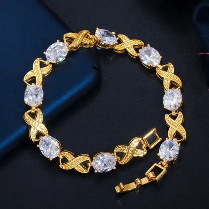 CANDICE Indian Luxury Wedding Party Bangle Jewelry with AAA CZ Stone Gold Plated X Shape Bracelet for Summer Fashion