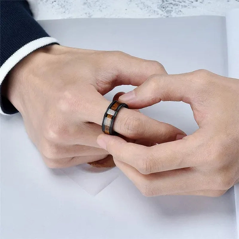 Luxury Jewelry Accessories Plus Size Mens Ring 8mm 316L Stainless Steel Wedding Ring Inlay Koa Wood Sawtooth Edge Titanium Steel Rings for Men