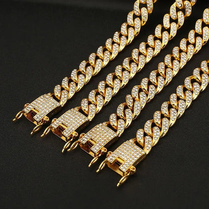 Men's Hip Hop Iced Out Paved Rhinestones 13MM Gold/Silver/Rose Gold Full Miami Curb Cuban Chain Bling Necklace Bracelet Set Jewelry Gifts