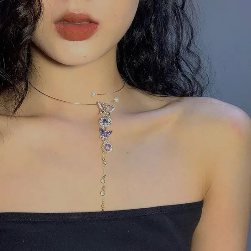 Elegant Metal Round Chain Choker Jewelry for Women Girls Fashion Purple Crystal Butterfly Necklace
