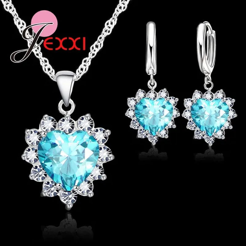 Trendy Heart Austrian Crystal 925 Sterling Silver Pendant Necklaces Earrings Set For Women Wedding Bridal Jewelry Sets