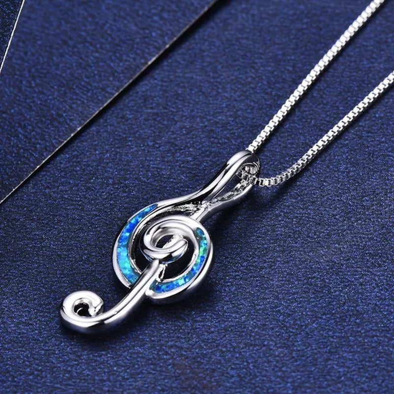 925 Sterling Silver White Blue Fire Opal Music Note Pendant Necklaces for Women Christmas Gifts Jewelry