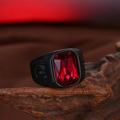 Cool Men Punk Ruby Rings Oval Red Crystal Ring Garnet Black Metal Stainless Steel Ring Fashion Jewelry