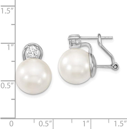 925 Sterling Silver White Imitation Shell Pearl Cubic Zirconia Omega Back Earrings Fine Jewelry for Women Gifts for Her (12-13Mm)