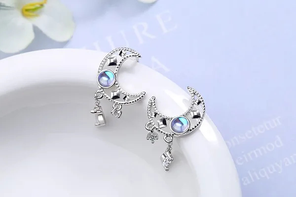 925 Sterling Silver Hollow Moon Zircon Tassel Dangle Earring Elegant Colorful Moonstone Earring for Women Jewelry