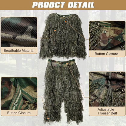 5 in 1 Ghillie Suit, 3D Camouflage Hunting Apparel W/Jacket, Pants, Hood, Carry Bag for Adults/Youth, S/M/L/XL/XXL