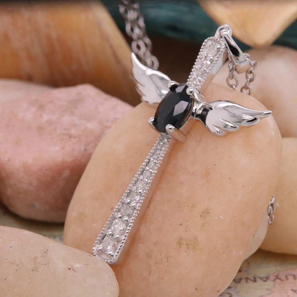 6X4 MM Oval Gemstone & round Diamond Angel Cross Pendant (Silver Chain Included), Sterling Silver